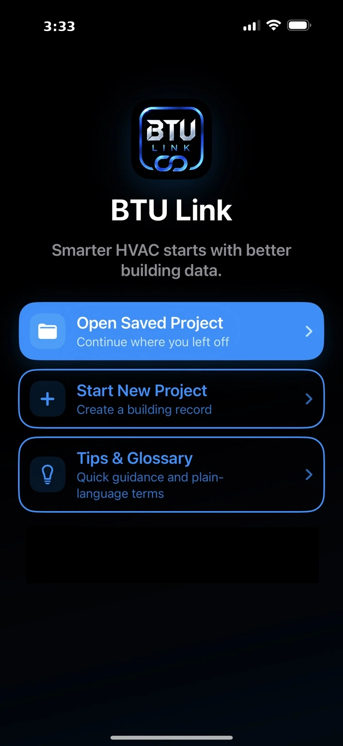 BTU Link app home screen showing Open Saved Project, Start New Project, and Tips & Glossary